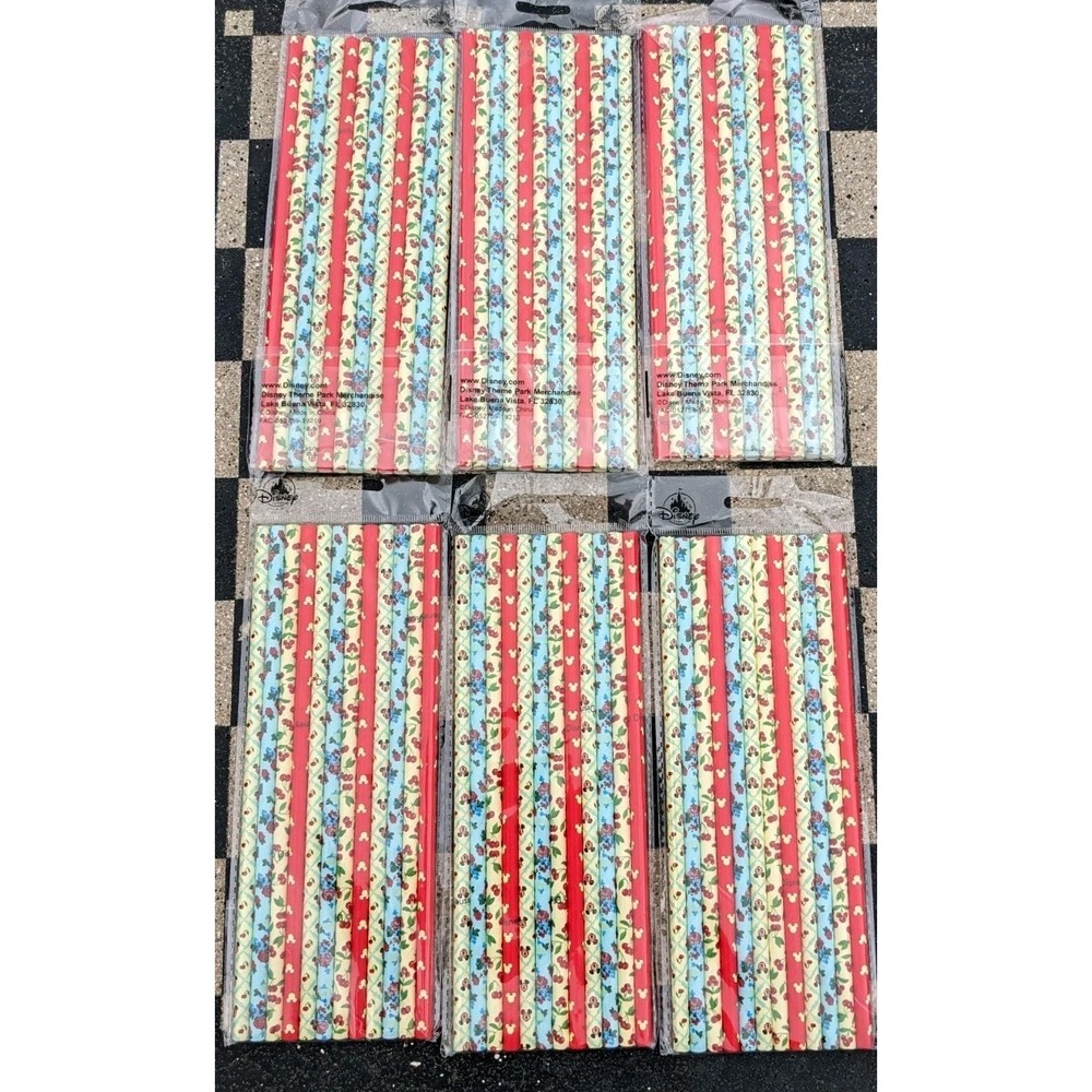 Disney Parks Paper Straws 6 PKG Mickey Mouse Cherry Floral 12 Per PKG 72 Total‎